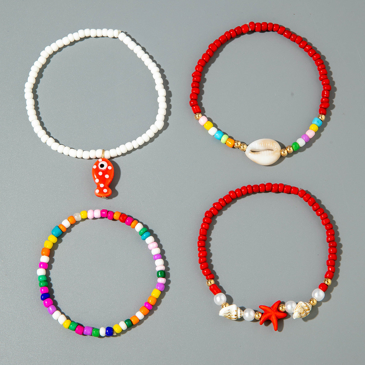 Wholesale 10pcs/pack Bohemian style colorful rice beads starfish shell four-layer foot ornament anklet